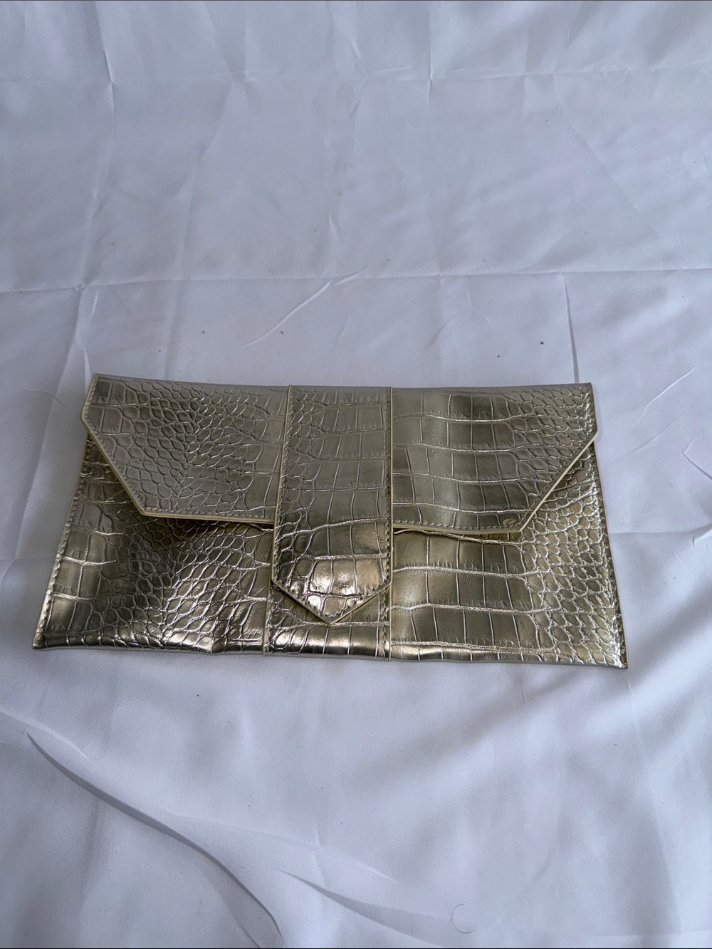 JJ Winters Metallic Gold Croc-Embossed Envelope Clutch